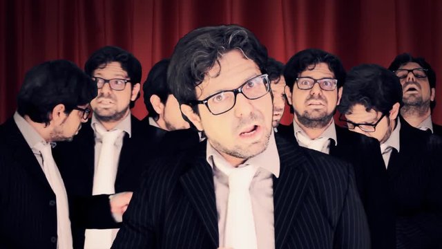 Many personalities inside the head of an old man, arguing with each other, with a leader speaking for all. Psychological symbolic shot.
