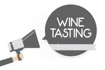 Word writing text Wine Tasting. Business concept for Degustation Alcohol Social gathering Gourmet Winery Drinking Man holding megaphone loudspeaker gray speech bubble white background.