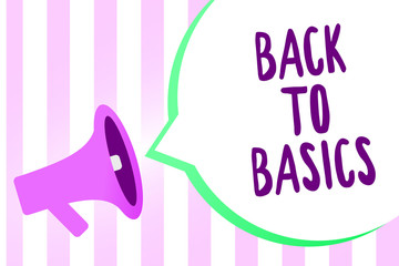 Text sign showing Back To Basics. Conceptual photo Return simple things Fundamental Essential Primary basis Megaphone loudspeaker stripes background important message speech bubble.