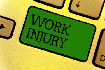 Conceptual hand writing showing Work Injury. Business photo text Accident in job Danger Unsecure conditions Hurt Trauma Keyboard green create computer computing reflection document.