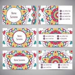 Set of business cards with floral mandala ornaments. Vector illustration