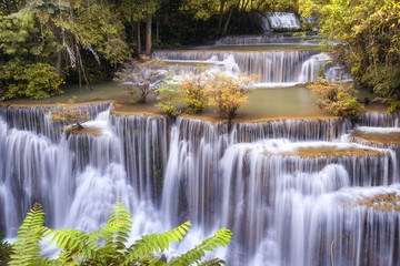 Fototapeta na wymiar Huai Mae Khamin Waterfall , Kanchanaburi Thailand is popular with waterfall tourists . 