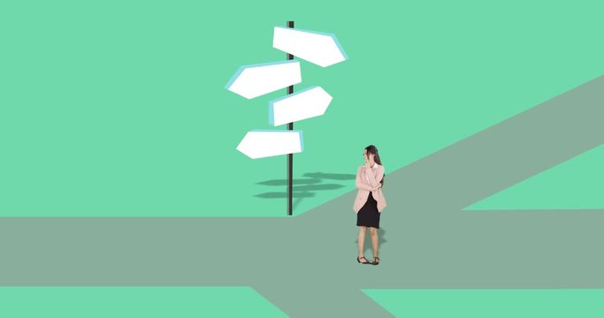 Businesswoman in doubt to choose the right way indicated by arrows pointing in opposite direction