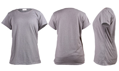 Women's blank grey t-shirt, front, back and side vie template
