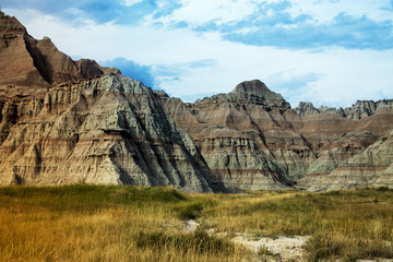 Eroding Cliffs and Prairie Grass in Badlands National Park, South Dakota