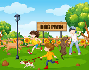 Dog park with people and their pets