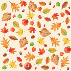 Watercolor autumn leaves pattern.