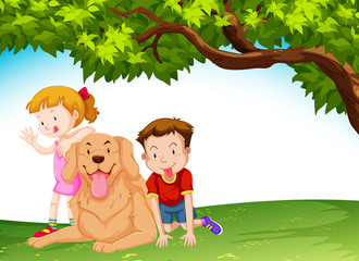 Obraz na płótnie Canvas Children and a dog at the park