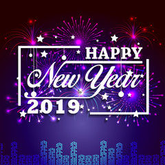 2019 Happy New Year greeting card with colorful fireworks. Vector design template.