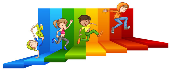 Fototapeta premium Young teenage walking to colourful steps