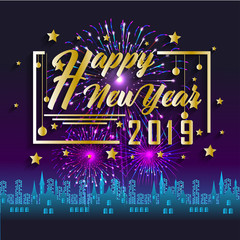 2019 Happy New Year greeting card with colorful fireworks. Vector design template.