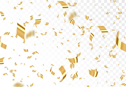 Falling shiny golden confetti isolated on transparent background. Bright festive tinsel of gold color.
