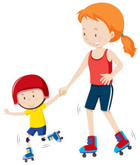 Mum and young boy rollaskating