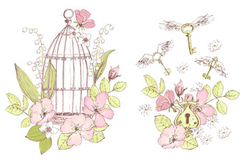 Beautiful vector compositions, wild flowers, keys, cage. Freedom