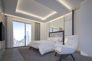 Fototapeta na wymiar 3d Rendering of luxury master bedroom in condominium with city view