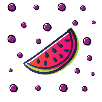 funy watermelon fruit with doodle sketch style use gradient color and dots pattern as a background