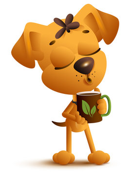 Yellow funny dog holds mug and drinks black hot tea