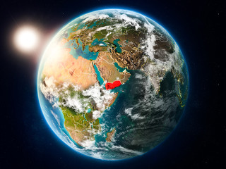 Fototapeta premium Yemen with sunset from space