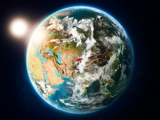 Kyrgyzstan with sunset from space