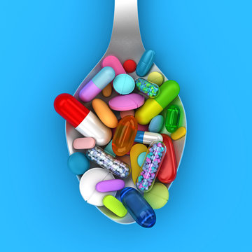 Dose Of Colorful Pills In Spoon - 3d Render