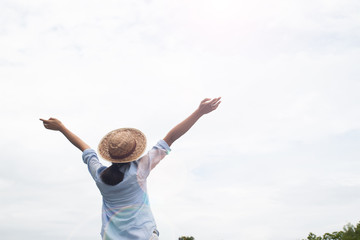 Woman traveler with cloud and sky, Happy woman concept with copy space