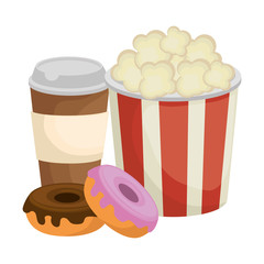 sweet donuts with coffee and pop corn