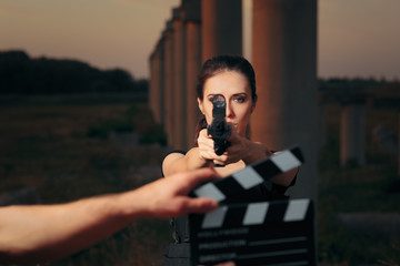 Action Female Superhero Actress Movie Star Shooting Scene 