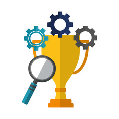 trophy award cup with magnifying glass and gear