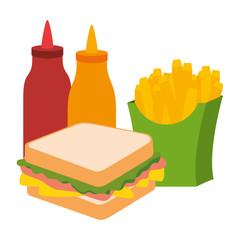 delicious sandwish with sauces and french fries