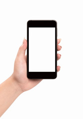 Woman hand holding  smartphone isolated on white background.