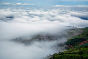 Viewpoint,mist,mountain,steep and winding road to Phu Thap Boek and Phu Hin Rong Kla national park,Phetchabun,Thailand