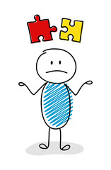 Confused stickman with puzzle (success concept) icon. Vector.