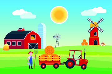 Naklejka premium Village harvesting landscape poster, banner or wallpaper. The tractor with semi-trailer and hay bale, red barn with silo, windmill and mill with flour producing flat style design vector illustration.