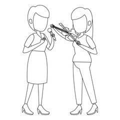 women singing with microphone and playing fiddle