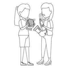 women playing harp and saxophone characters