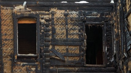 Fototapeta na wymiar Burnt old house, Tomsk city Siberia Russsia