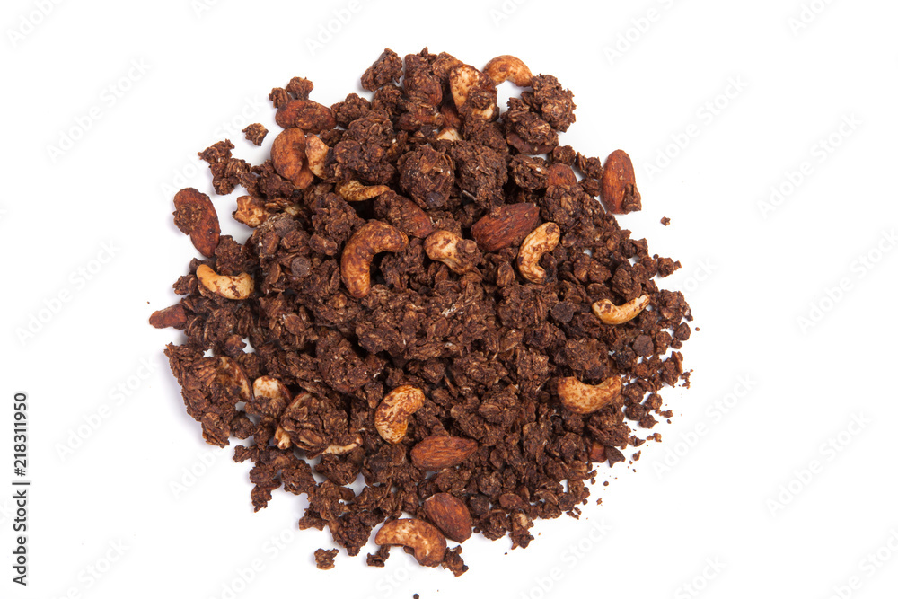 Wall mural Close up pile Granola isolated on white background.