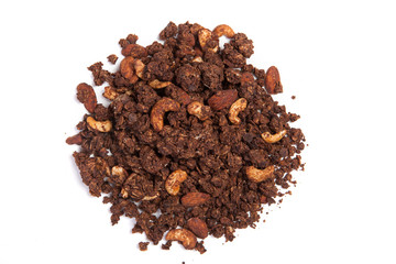 Close up pile Granola isolated on white background.