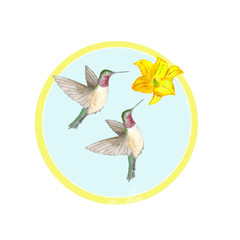 Watercolor. Flamingo with orange flowers in a round frame. .