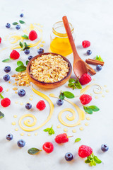 Oatmeal porridge ingredients on a white wooden background. Granola, honey, cinnamon, and berries with copy space