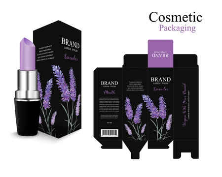 Set packaging box lipstick design.Lavender purple cosmetic. Hydrating facial lipstick and box for annual sale, festival sale or your brand.Flower purple  watercolor paint luxury and beauty. 