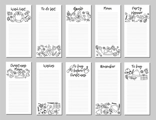 Set of Christmas printable pages, Christmas wish list,Christmas menu, to do list, to buy. Vector illustration, hand drawn Christmas elements. Monochrome. .