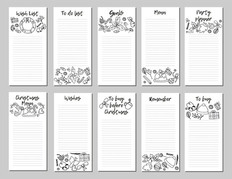 Set of Christmas printable pages, Christmas wish list,Christmas menu, to do list, to buy. Vector illustration, hand drawn Christmas elements. Monochrome. .