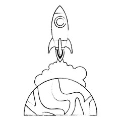 universe planet with rocket flying