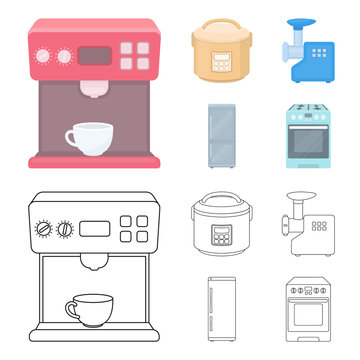 Multivarka, refrigerator, meat grinder, gas stove.Household set collection icons in cartoon,outline style vector symbol stock illustration web.