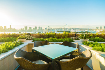 Outdoor patio with table and chair