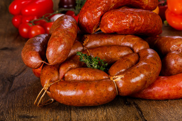 Pork sausages over wooden
