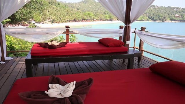 Massage table overlooking the sea. Spa massage room on the tropical beach in island Koh Phangan, Thailand