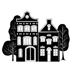 vector contour black white old traditional historical house town city silhouette tree garden on white