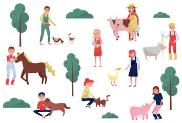 Farmers taking care of animals on farm, farming and agriculture vector Illustration on a white background
